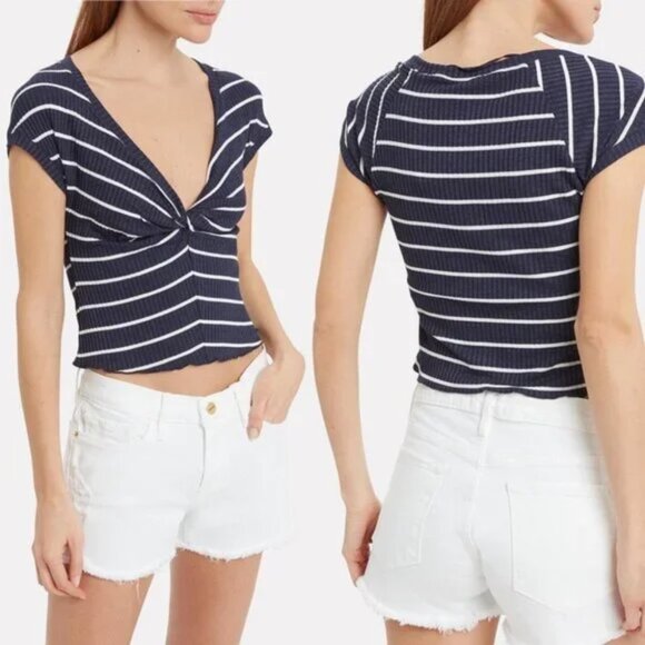ALC Sabina Striped Stretchy Plunge Neckline Crop Top w Cap Sleeves, S, Blue &Wht - Picture 9 of 9